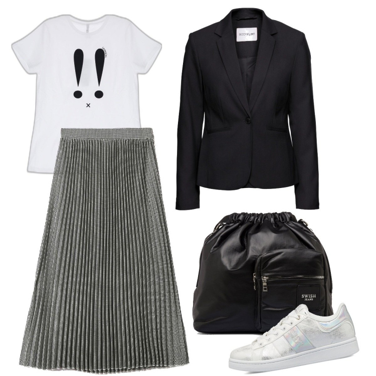 Outfit donna - Glam in città. Stile Casual chic per Tutti i giorni. Abbinamento con blazer, gonne longuette, t-shirt, sneakers, borse a spalla.