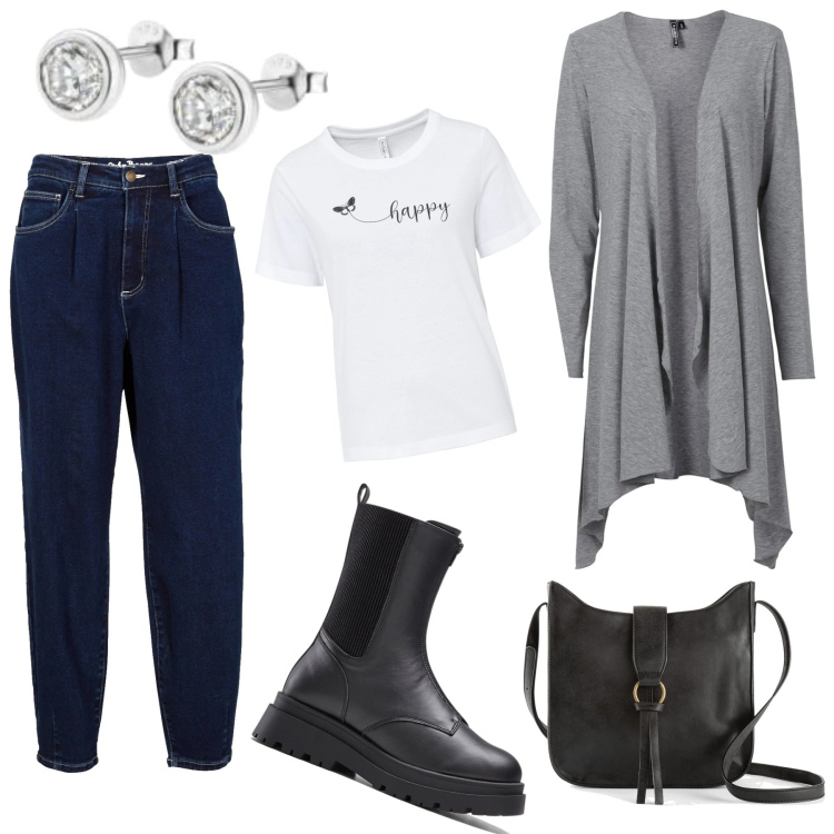 Outfit donna - Giornata di pioggia. Stile Casual per Tutti i giorni. Abbinamento con borse a tracolla, t-shirt, jeans, cardigans, stivaletti chelsea, orecchini.