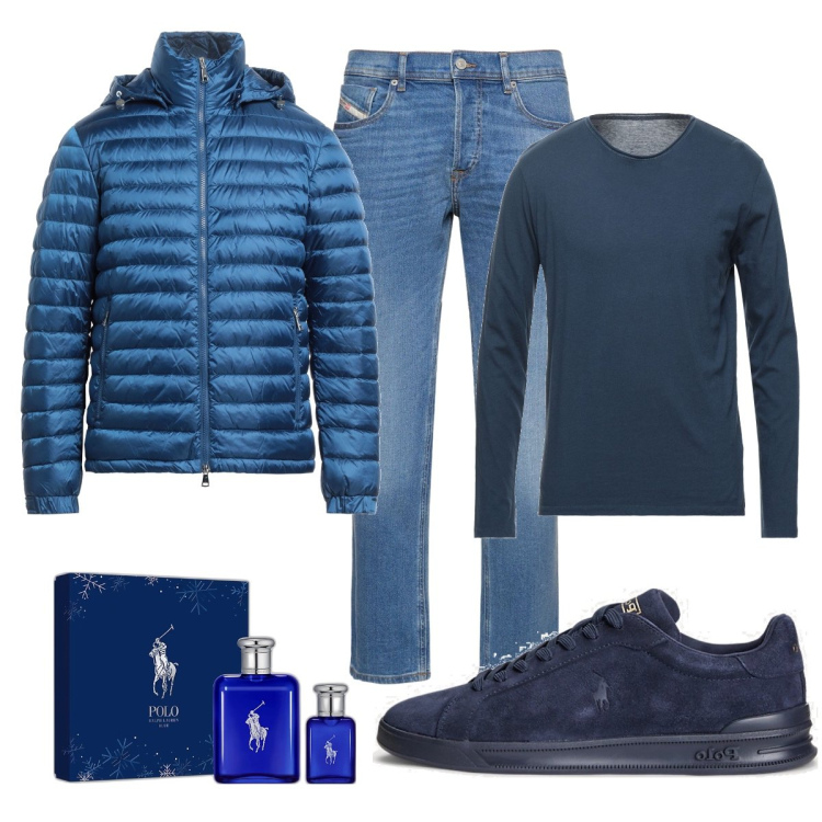 Outfit uomo - Total look #1703968. Stile Trendy per Tutti i giorni. Abbinamento con t-shirt, piumini, sneakers, polo, jeans.