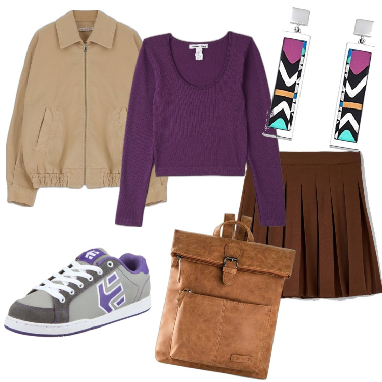 Outfit donna - Emma. Stile Casual per Tutti i giorni. Abbinamento con zaini, t-shirt, minigonne, giacche, orecchini, scarpe sportive.