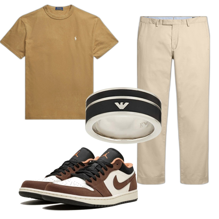 Outfit uomo - Color crema. Stile Casual per Ufficio. Abbinamento con sneakers alte, t-shirt, pantaloni chino, anelli.