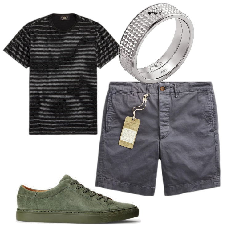 Outfit uomo - Casual. Stile Casual per Tutti i giorni. Abbinamento con t-shirt, pantaloni chino, sneakers, anelli.