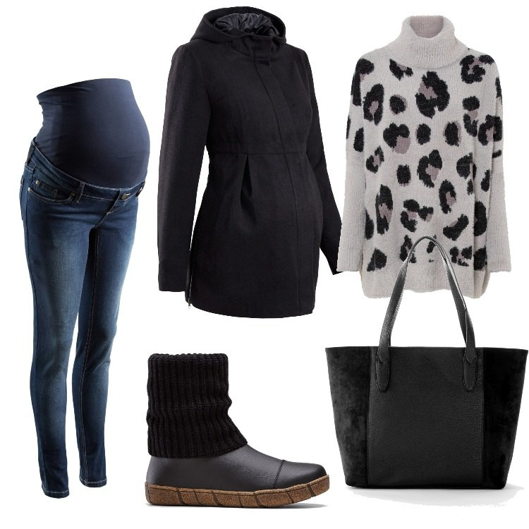 Outfit donna - Total look #1704029. Stile Casual per Ufficio. look ideale per Premaman. Abbinamento con jeans skinny, shopping bag, stivaletti, giacche, maglieria.
