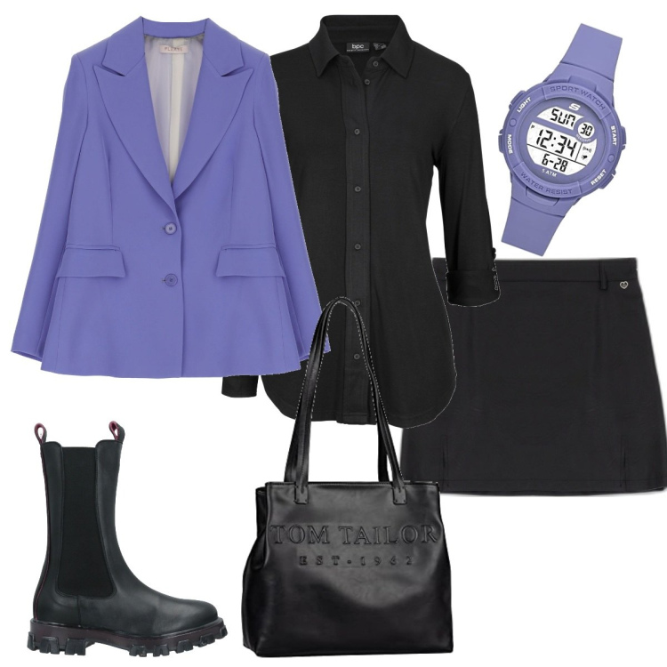 Outfit donna - Sofia. Stile Casual chic per Tutti i giorni. Abbinamento con camicie, stivaletti, minigonne, giacche, shopping bag, orologi digitali.