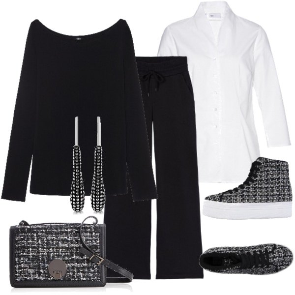Outfit donna - Dettagli in Tweed. Stile Trendy per Tutti i giorni. Abbinamento con camicie, sneakers tennis flatform tweed effetto laminato con punta tonda, maglia con scollo a maniche lunghe nero, pantalone, orecchini a pendolo argento e bianco, shopping bag nero.