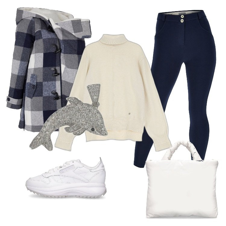 Outfit donna - Total look #1704244. Stile Basic per Tutti i giorni. look ideale per Premaman. Abbinamento con blazer, maglieria, pantaloni skinny, sneakers, ciondoli, shopping bag.