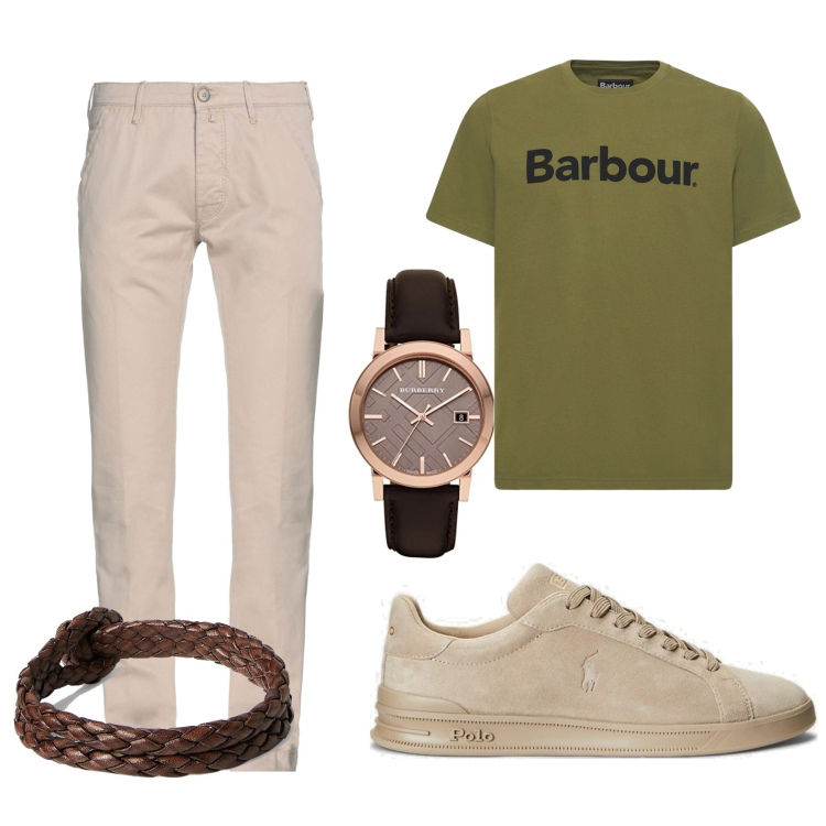 Outfit uomo - Verde e beige. Stile Casual per Ufficio. Abbinamento con pantaloni, sneakers, braccialetti, t-shirt, orologi.