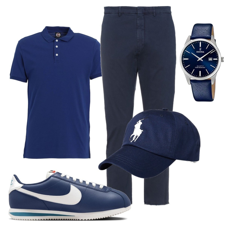 Outfit uomo - Total look #1704316. Stile Casual per Tutti i giorni. Abbinamento con polo, pantaloni, cappelli, orologi analogici, sneakers.