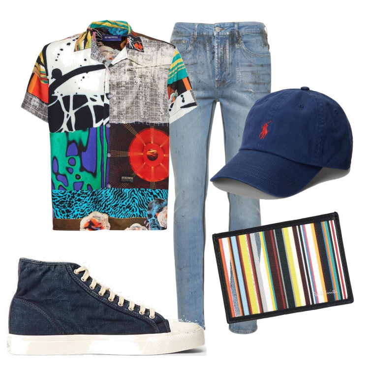 Outfit uomo - Total look #1704336. Stile Trendy per Tutti i giorni. Abbinamento con portafogli, sneakers, cappelli, jeans skinny, camicie.