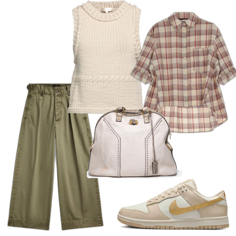 Outfit donna - Total look #1704347. Stile Casual chic per Scuola/Università. Abbinamento con pullovers, sneakers, borse a spalla, camicie, pantaloni.