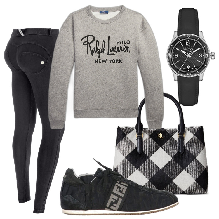 Outfit donna - Back to.... Stile Casual per Tutti i giorni. Abbinamento con scarpe stringate, jeggings, borse a mano, felpe, orologi analogici.