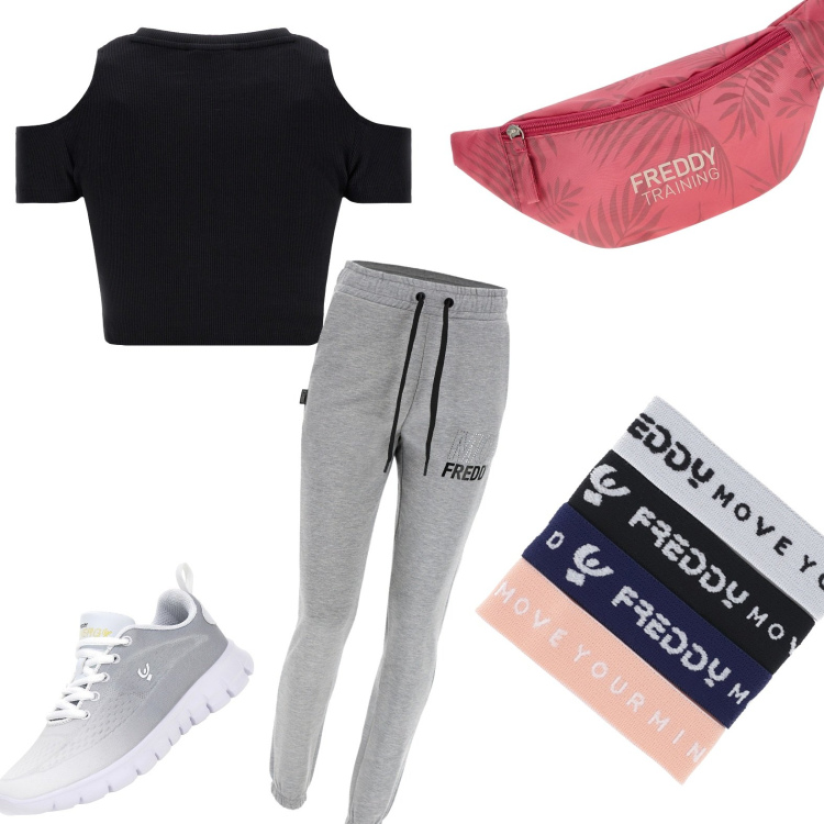Outfit donna - Sport. Stile Sporty chic per Tutti i giorni. Abbinamento con braccialetti, pantaloni, marsupi, top, sneakers.