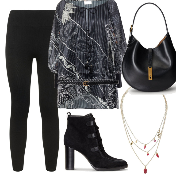Outfit donna - La blusa con i leggings. Stile Casual chic per Tutti i giorni. Abbinamento con camicie, cinture, stivaletti, borse a spalla, leggings, collane.