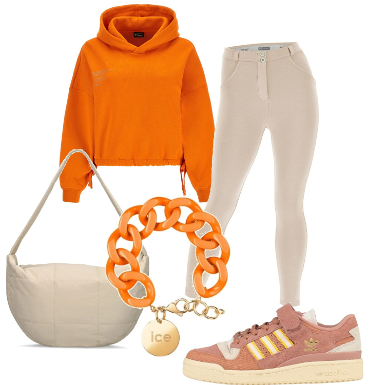 Outfit donna - Un giro al parco. Stile Casual per Tutti i giorni. Abbinamento con sneakers, pantaloni skinny, felpe con cappuccio, braccialetti, borse a cartella.