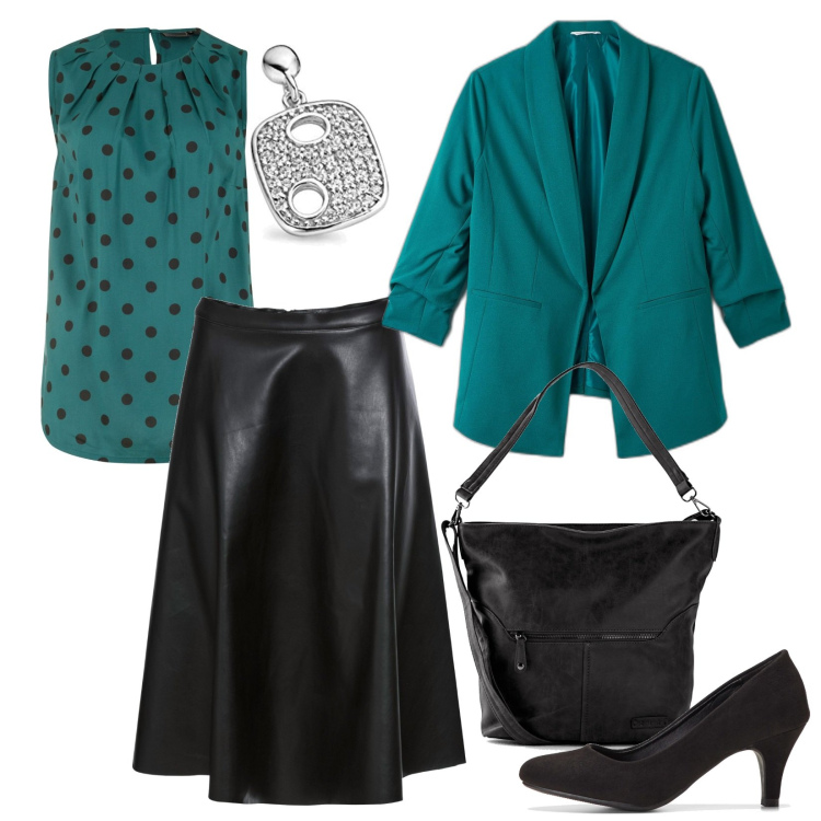 Outfit donna - Curvy, la gonna di pelle. Stile Trendy per Serata fuori. Abbinamento con borse a tracolla, décolleté, gonne, top, giacche, orecchini.