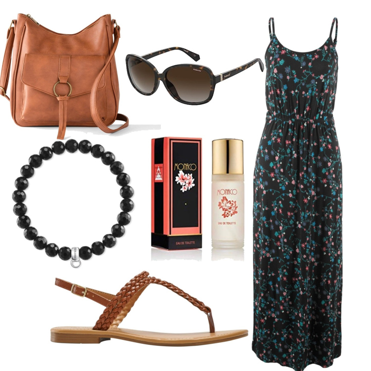 Outfit donna - Fa ancora caldo. Stile Casual per Tutti i giorni. Abbinamento con vestiti lunghi, borse a tracolla, ciabatte, profumi, occhiali da sole, braccialetti.