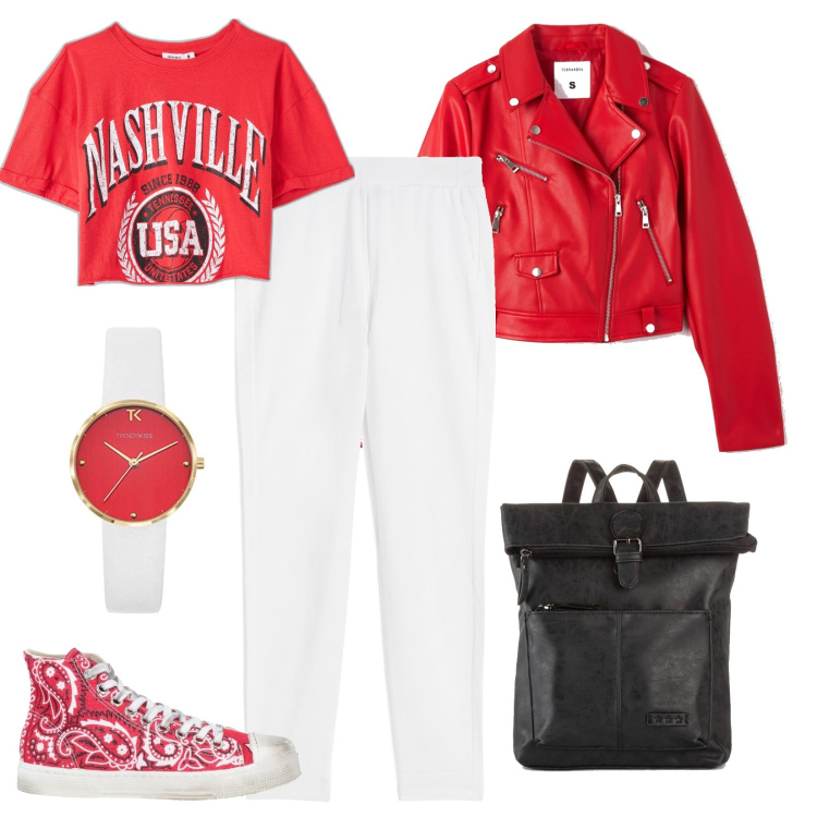 Outfit donna - Rock col chiodo rosso. Stile Rock per Tutti i giorni. Abbinamento con zaini, sneakers, cappotti, t-shirt, pantaloni, orologi analogici.
