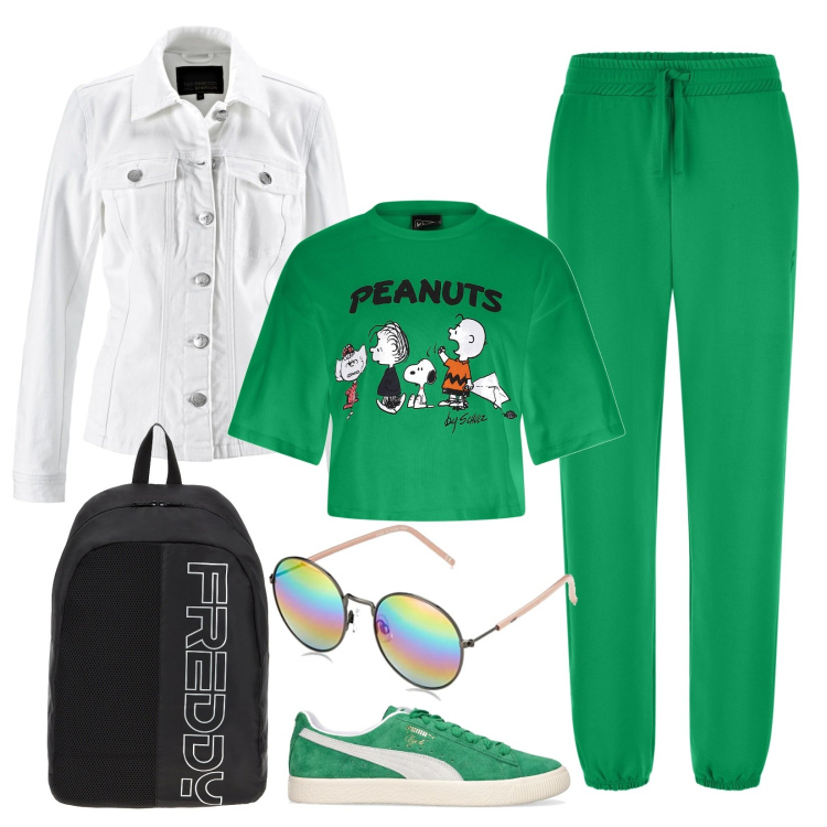 Outfit donna - Tempo di scuola in verde. Stile Urban per Tutti i giorni. Abbinamento con blazer, zaini, t-shirt, pantaloni sportivi, sneakers, occhiali da sole.