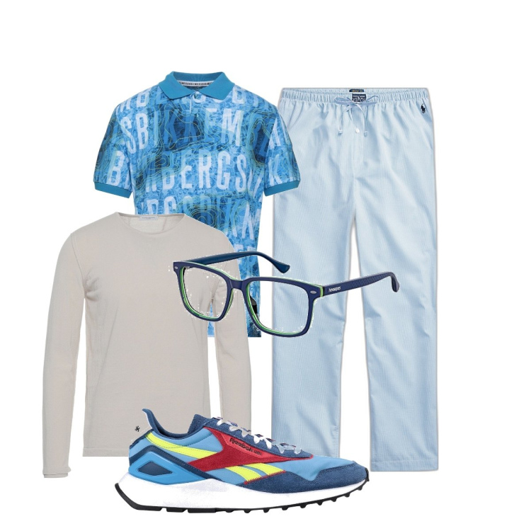 Outfit uomo - Alla mattina presto. Stile Trendy per Tutti i giorni. Abbinamento con pullovers, polo, sneakers, pantaloni, occhiali.