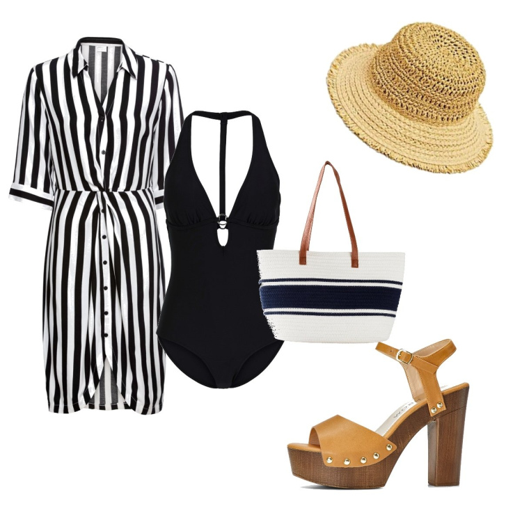Outfit donna - In spiaggia con stile. per Tutti i giorni. Abbinamento con costumi interi, sandali col tacco, vestiti chemisier, shopping bag, berretti.