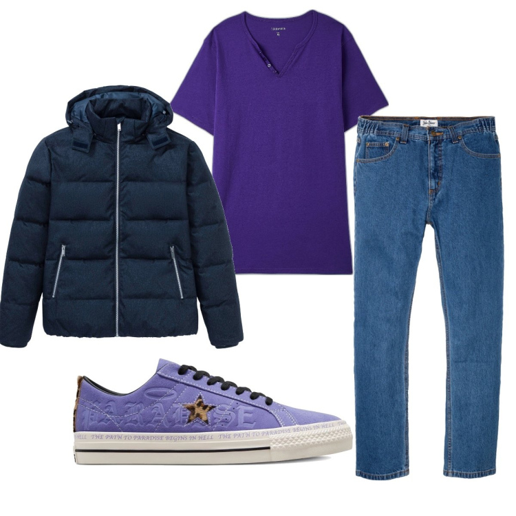 Outfit uomo - Total look #1704592. Stile Casual per Tutti i giorni. Abbinamento con jeans dritti, giacche, t-shirt, sneakers.