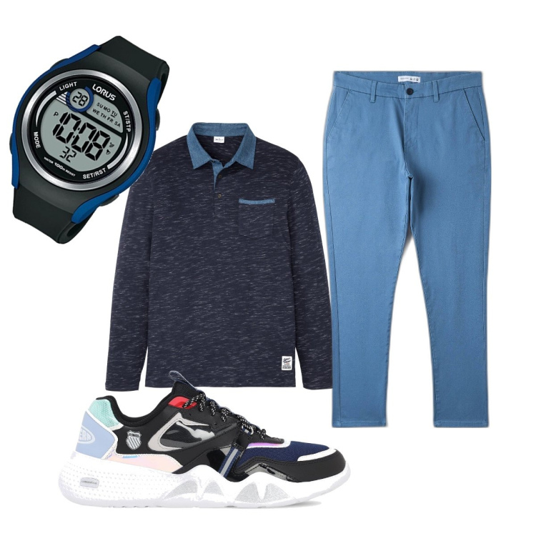 Outfit uomo - Si torna in città. Stile Casual per Tutti i giorni. Abbinamento con polo, pantaloni chino, sneakers, orologi digitali.