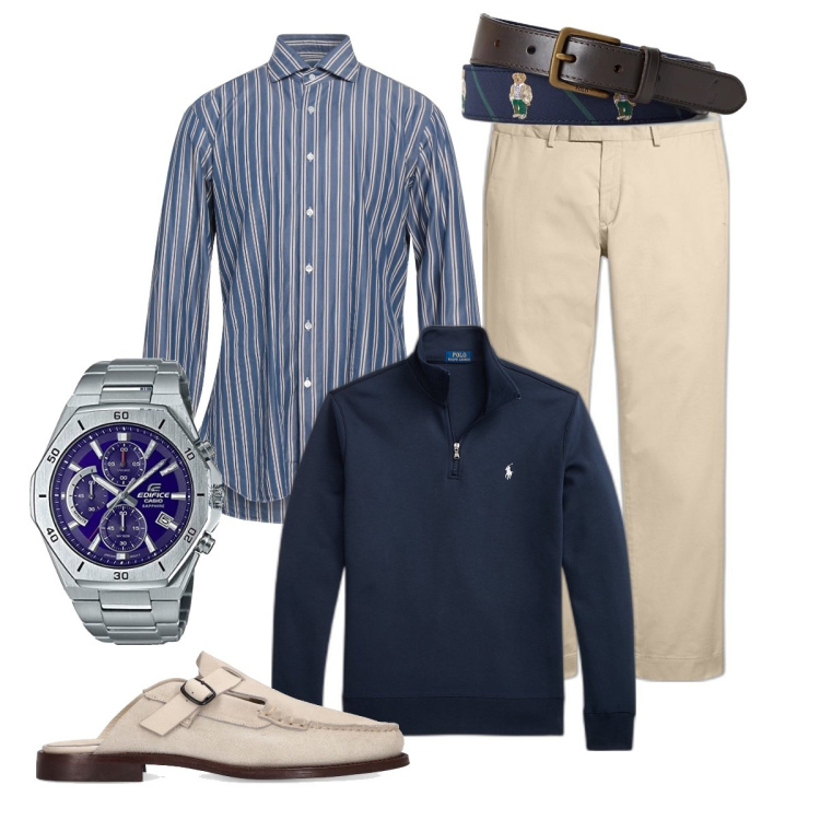 Outfit uomo - Comodo sabot. Stile Business/Elegante per Ufficio. Abbinamento con camicie, pullovers, cinture, pantaloni chino, scarpe stringate, orologi.