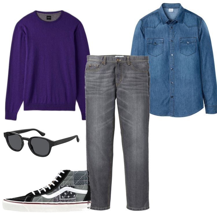 Outfit uomo - Total look #1704659. Stile Casual per Tutti i giorni. Abbinamento con jeans dritti, camicie, sneakers, maglieria, occhiali da sole.