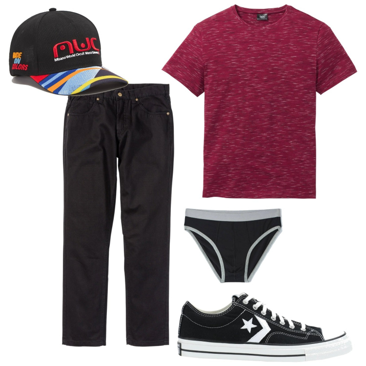 Outfit uomo - Total look #1704661. Stile Casual per Tutti i giorni. Abbinamento con pantaloni, t-shirt, sneakers, cappelli, slip.