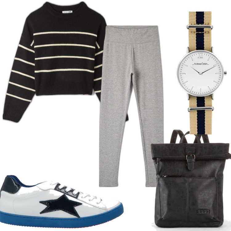 Outfit donna - Total look #1704697. Stile Basic per Scuola/Università. Abbinamento con zaini, sneakers, maglieria, leggings, orologi analogici.