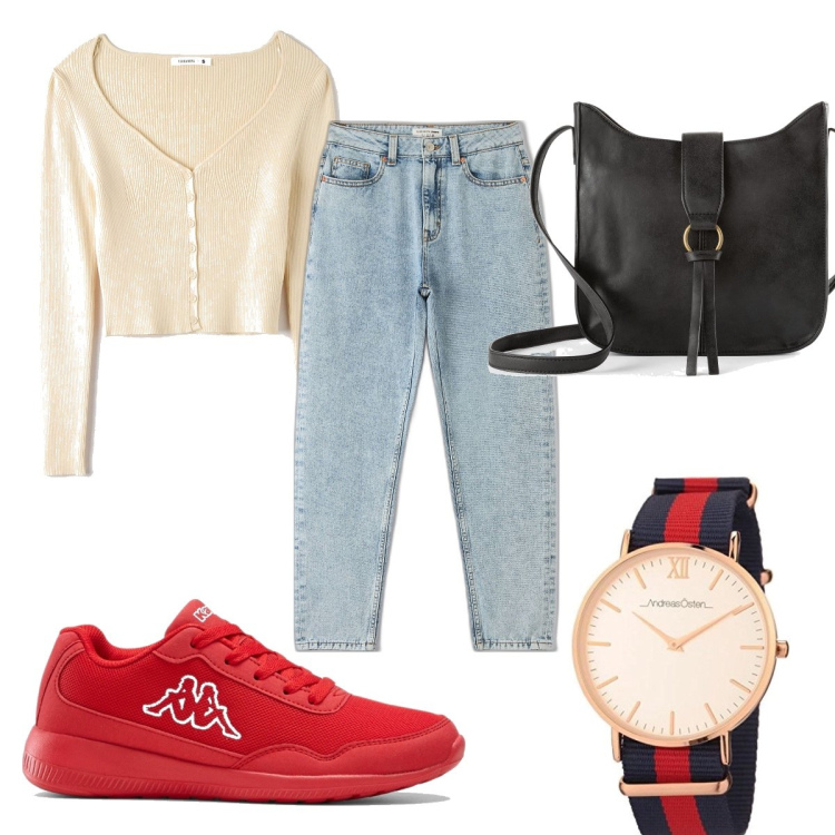 Outfit donna - Total look #1704698. Stile Basic per Scuola/Università. Abbinamento con borse a tracolla, sneakers, cardigans, jeans mom.