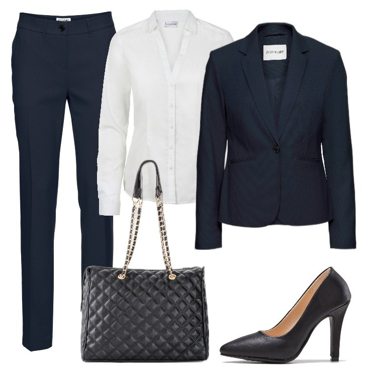 Outfit donna - Business Fit. Stile Chic per Ufficio. Abbinamento con blazer, pantaloni, camicie, shopping bag, décolleté.