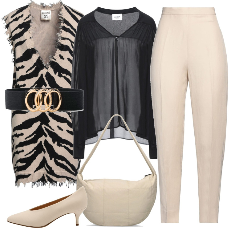 Outfit donna - Il maxi gilet zebrato per la sera. Stile Trendy per Serata fuori. Abbinamento con cinture, pullovers, pantaloni, bluse, décolleté, borse a cartella.