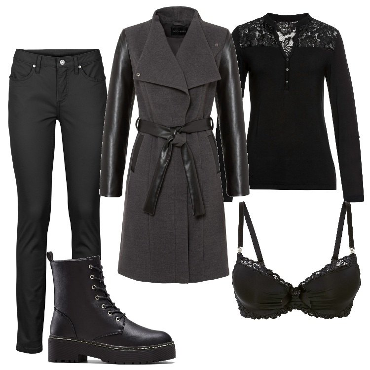 Outfit donna - Total look #1704732. Stile Rock per Serata fuori. Abbinamento con jeans, stivaletti, cappotti, maglieria, reggiseni.