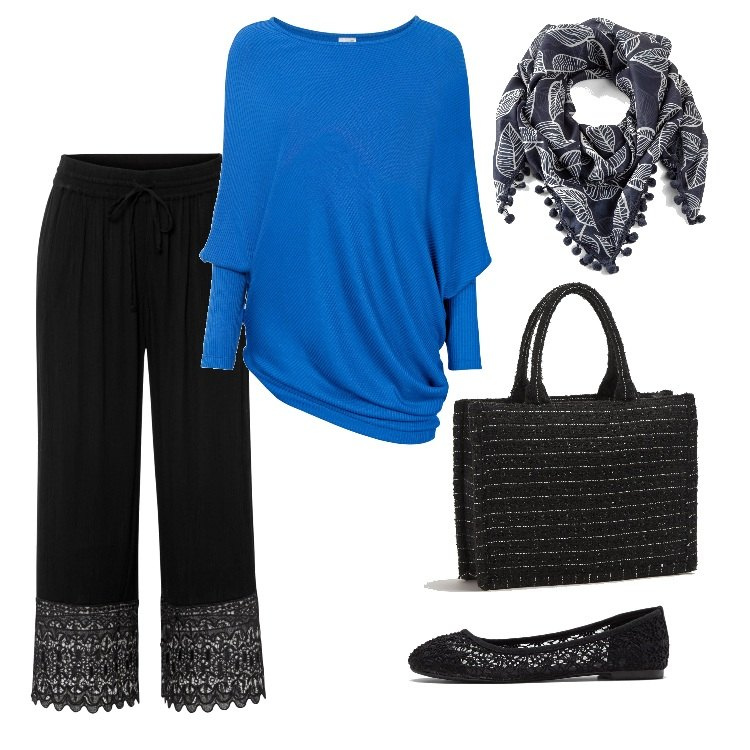 Outfit donna - Total look #1704743. Stile Boho per Ufficio. Abbinamento con ballerine, maglieria, pantaloni culotte, foulard, shopping bag.