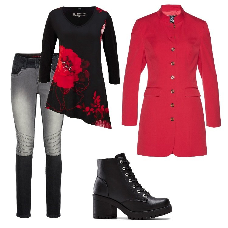 Outfit donna - Total look #1704745. Stile Rock per Serata fuori. Abbinamento con stivaletti, maglieria, blazer, jeans skinny.