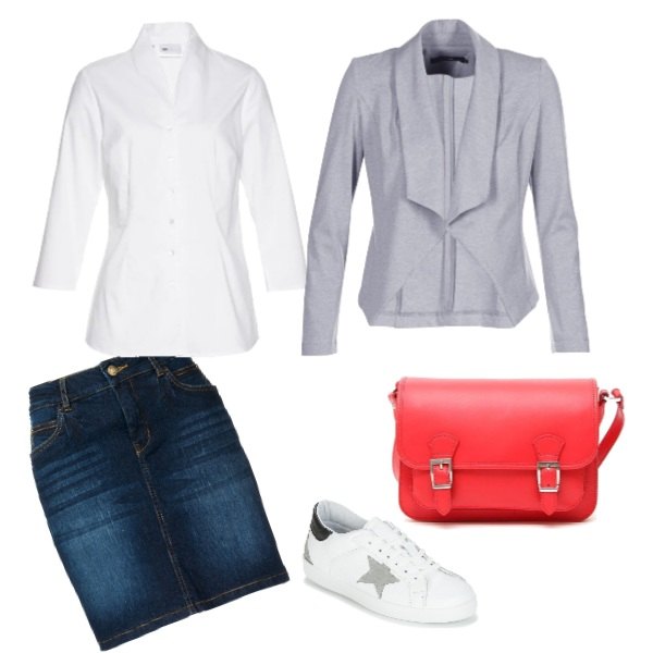 Outfit donna - Total look #170481. per Tutti i giorni. Abbinamento con gonne, camicie, giacca grigio, scarpe bianco, borsa a tracolla con zip e bottoni.