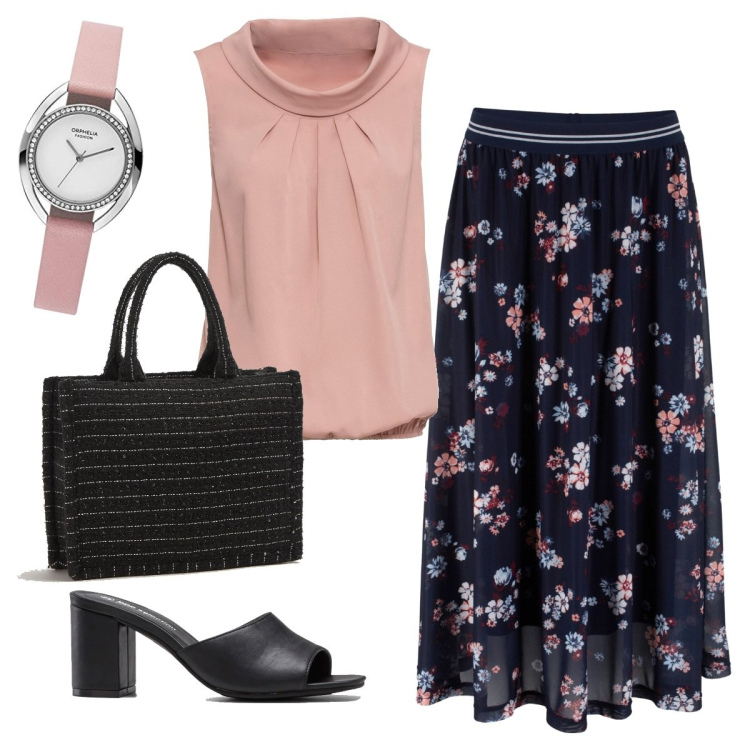 Outfit donna - Total look #1704814. Stile Basic per Ufficio. Abbinamento con top, ciabatte, gonne longuette, shopping bag, orologi analogici.