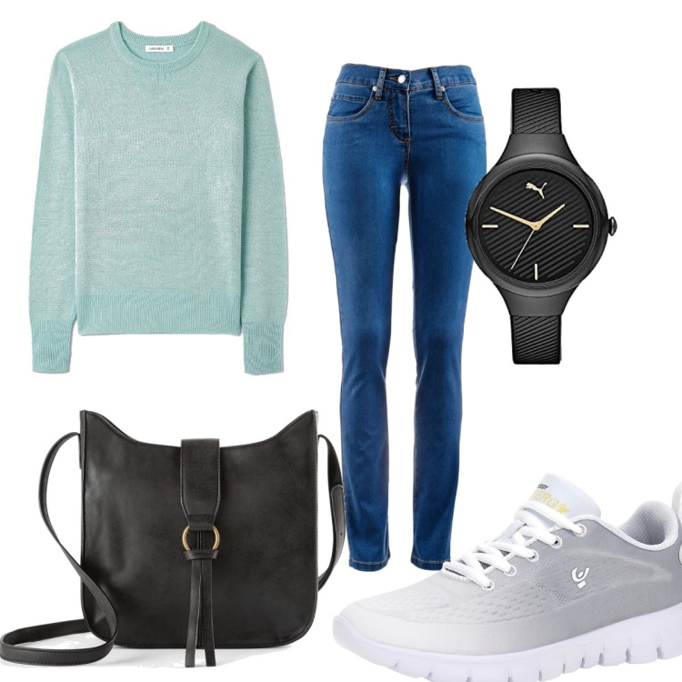 Outfit donna - Total look #1704815. Stile Basic per Scuola/Università. Abbinamento con jeans dritti, borse a tracolla, maglieria, sneakers, orologi.