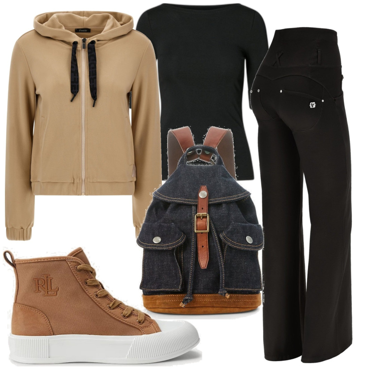 Outfit donna - Total look #1704821. Stile Casual per Scuola/Università. Abbinamento con pantaloni, felpe con cappuccio, zaini, sneakers alte, t-shirt.