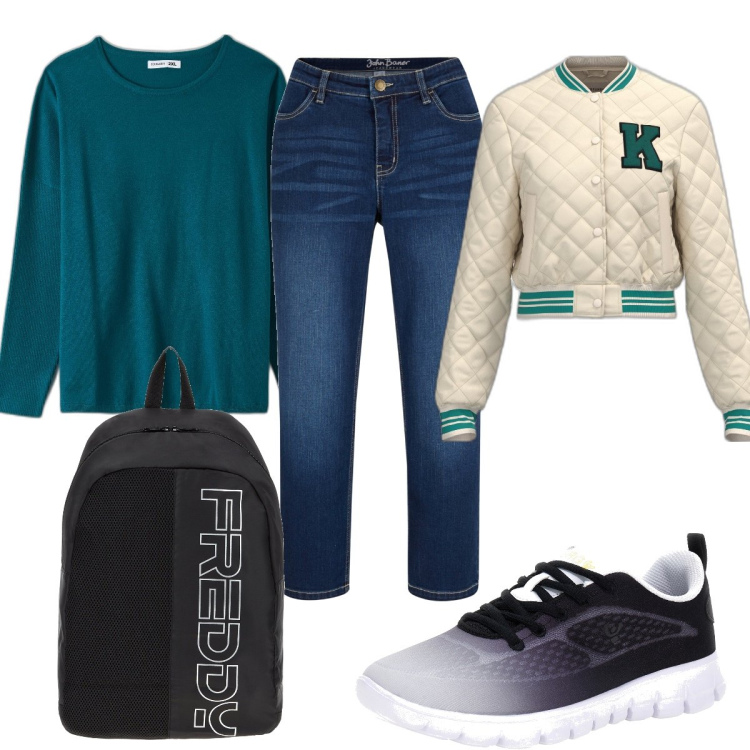 Outfit donna - Total look #1704824. Stile Basic per Scuola/Università. Abbinamento con jeans, bomber, maglieria, zaini, sneakers alte.