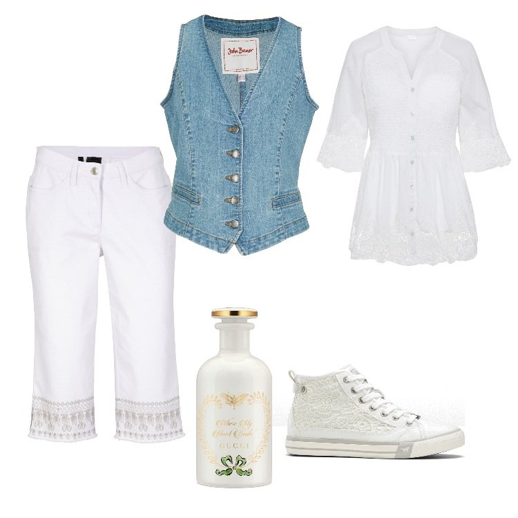 Outfit donna - Total look #1704830. Stile Boho per Tutti i giorni. Abbinamento con gilet, camicie, sneakers, jeans, profumi.