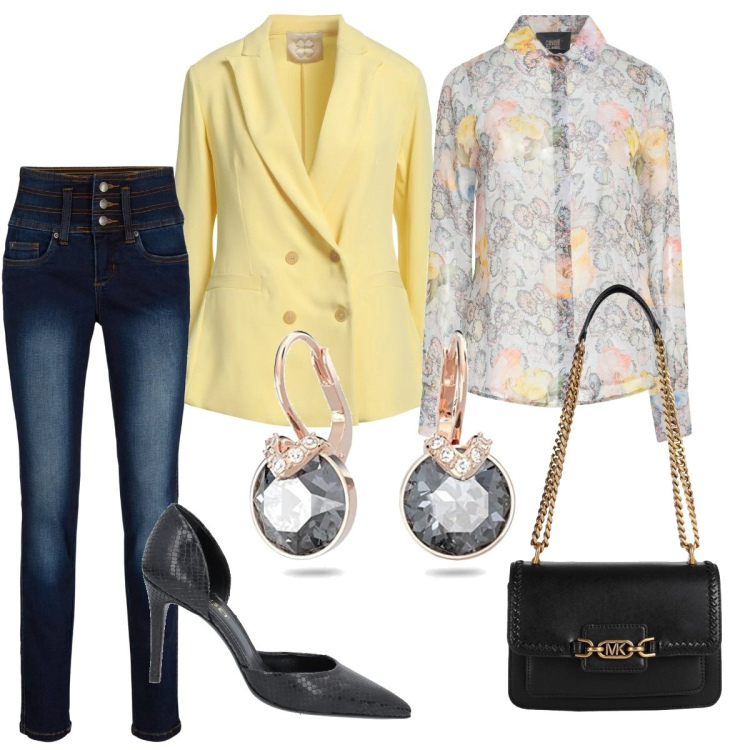 Outfit donna - Total look #1704840. Stile Casual per Serata fuori. Abbinamento con borse a spalla, décolleté, camicie, blazer, jeans, orecchini.