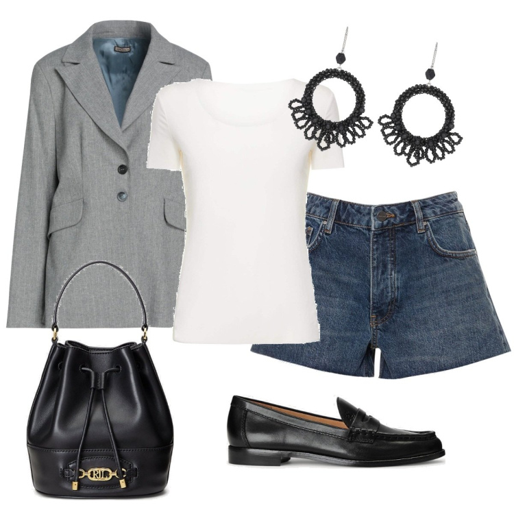 Outfit donna - Today. Stile Casual chic per Tutti i giorni. Abbinamento con blazer, mocassini, borse a secchiello, t-shirt, orecchini, shorts.