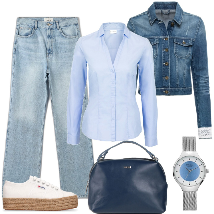 Outfit donna - I jeans gamba dritta a 5 tasche. Stile Casual per Tutti i giorni. Abbinamento con camicie, blazer, borse a mano, jeans dritti, sneakers, orologi analogici.