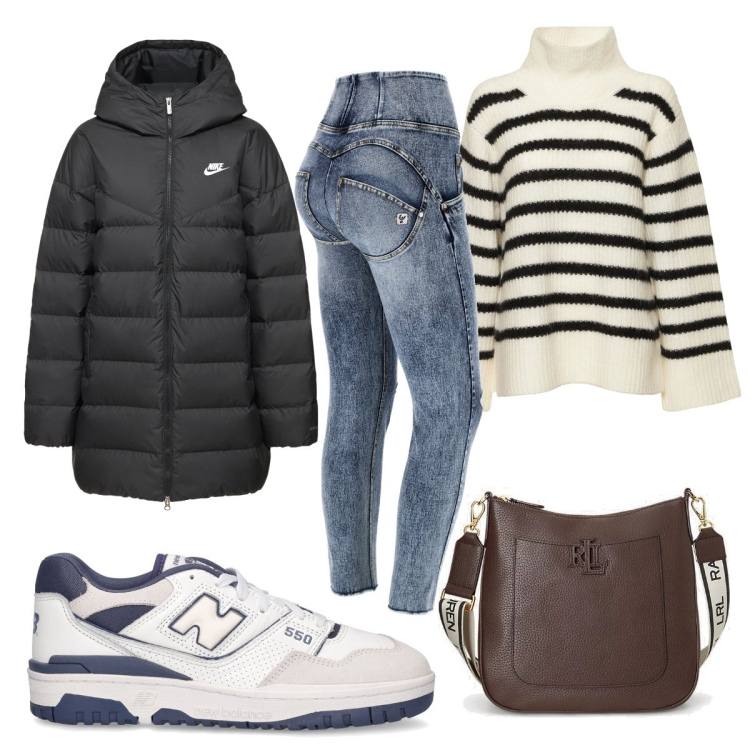 Outfit donna - Total look #1704853. Stile Basic per Tutti i giorni. Abbinamento con jeans skinny, borse a tracolla, parka, sneakers, maglieria.