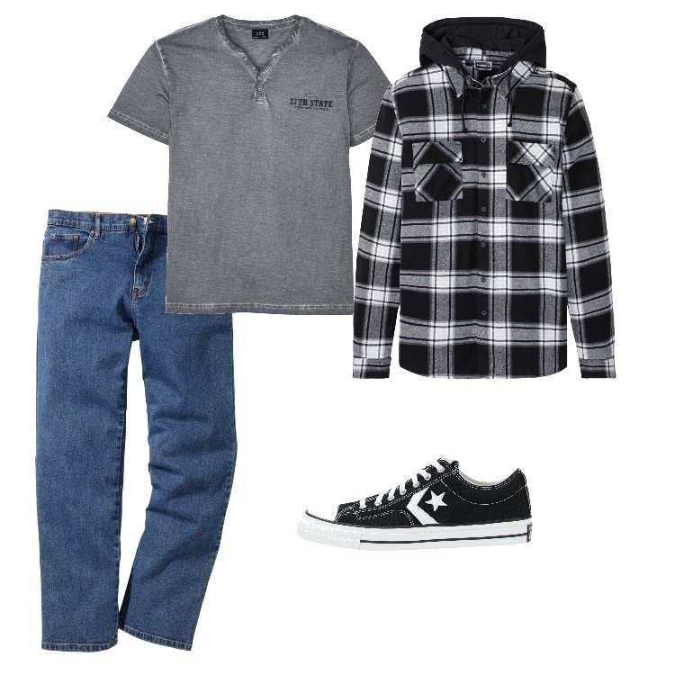 Outfit uomo - Total look #1704855. Stile Urban per Ufficio. Abbinamento con jeans dritti, t-shirt, camicie, sneakers.