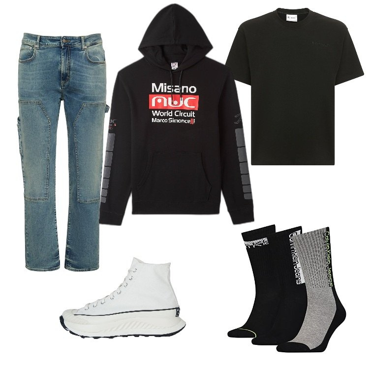Outfit uomo - Total look #1704929. Stile Trendy per Tutti i giorni. Abbinamento con sneakers, felpe con cappuccio, jeans, t-shirt, calzini.