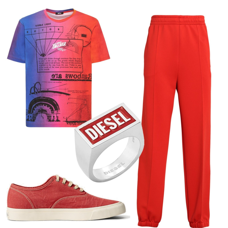 Outfit uomo - Total look. Stile Trendy per Sport. Abbinamento con pantaloni, sneakers, anelli, t-shirt.