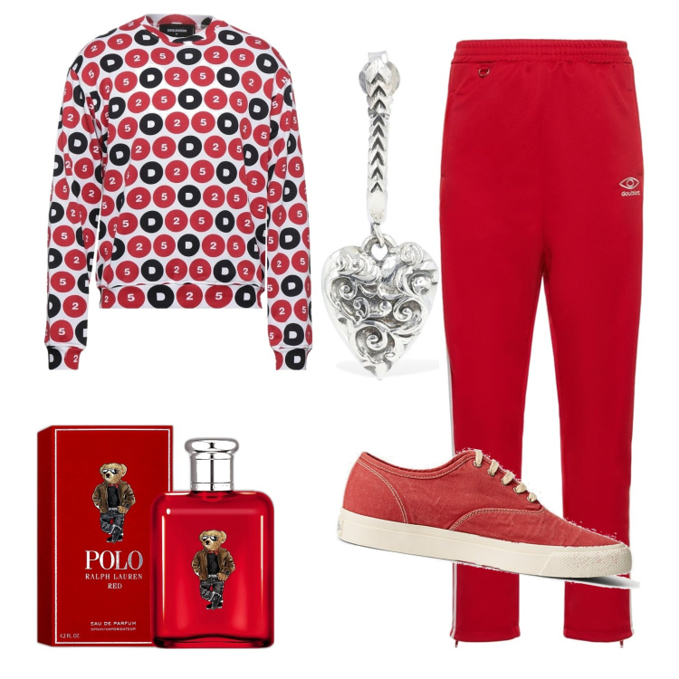 Outfit uomo - Rosso irresistibile. Stile Trendy per Serata speciale. Abbinamento con felpe, sneakers, polo, orecchini, pantaloni.